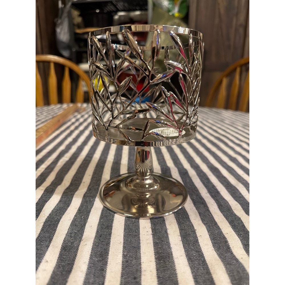 Bath & Body Works Silver Pedestal 3 Wick Candle Holder Leaf Branch Sleeve Metal